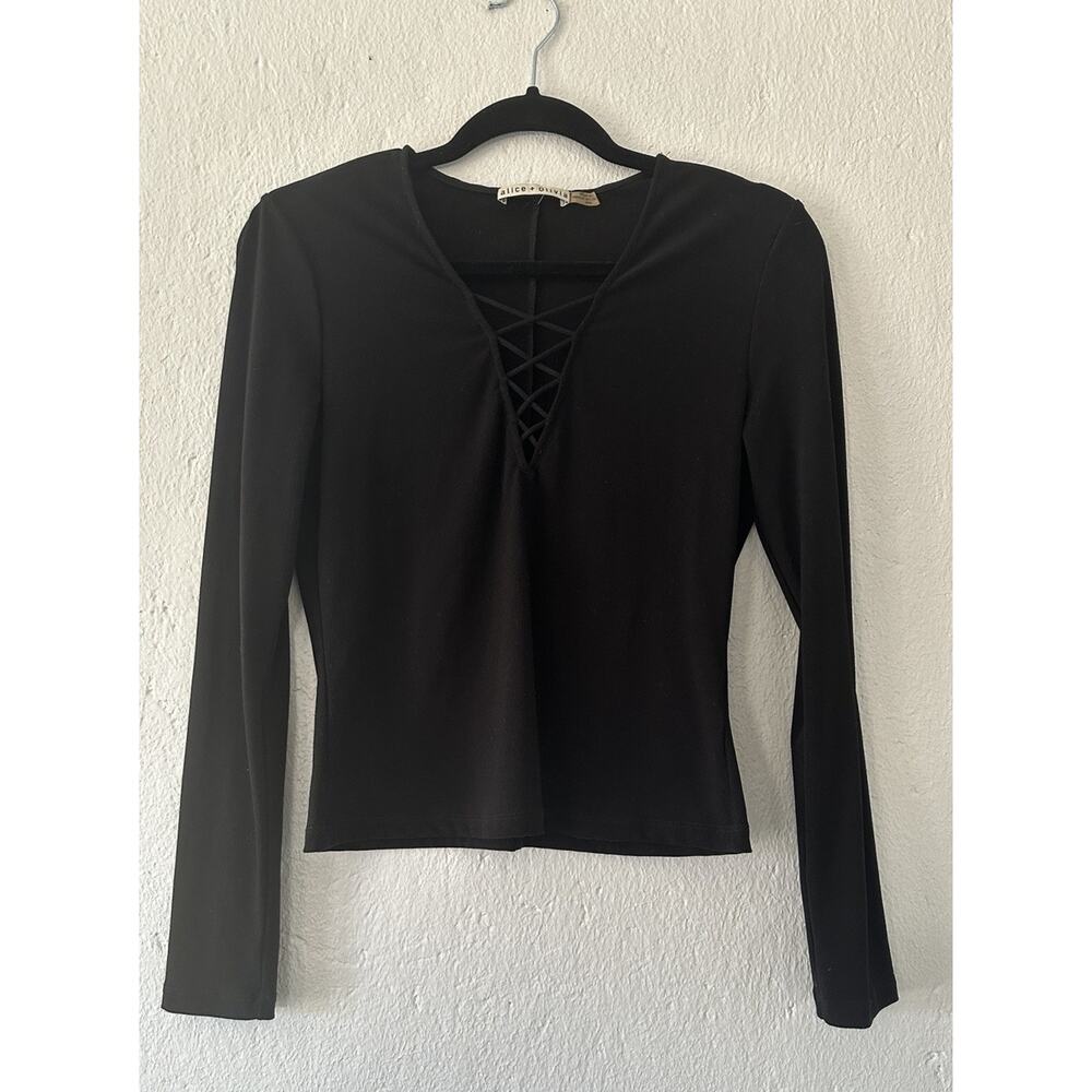 Alice + Olivia Black Lace-Up V-Neck Long Sleeve Top Stretch Made in USA Sz M Y2K